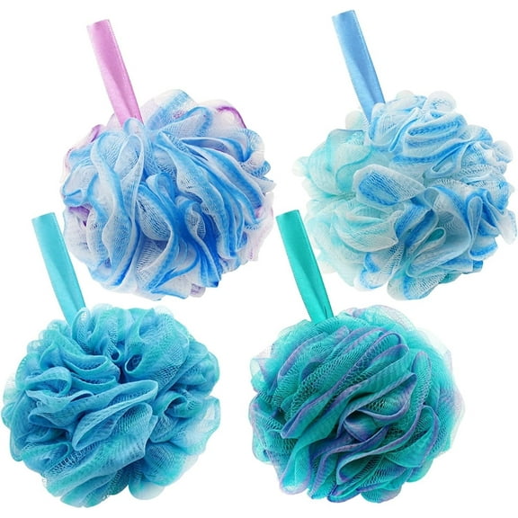 Casewin Shower Puff Loofah 75g/PCS Extra Large Shower Puffs Shower Sponge Shower Scrunchie Body Puff Shower Exfoliating Bath Sponge for Adults, Set of 4, Flower Color