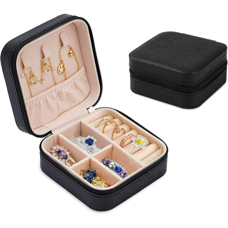 Casewin Small Travel Jewelry Box, PU Leather Portable Travel Jewelry Case,  2 Layers Jewelry Organizer Jewelry Display Storage Box for Rings, Earrings,  Necklaces, Bracelets(Black) 