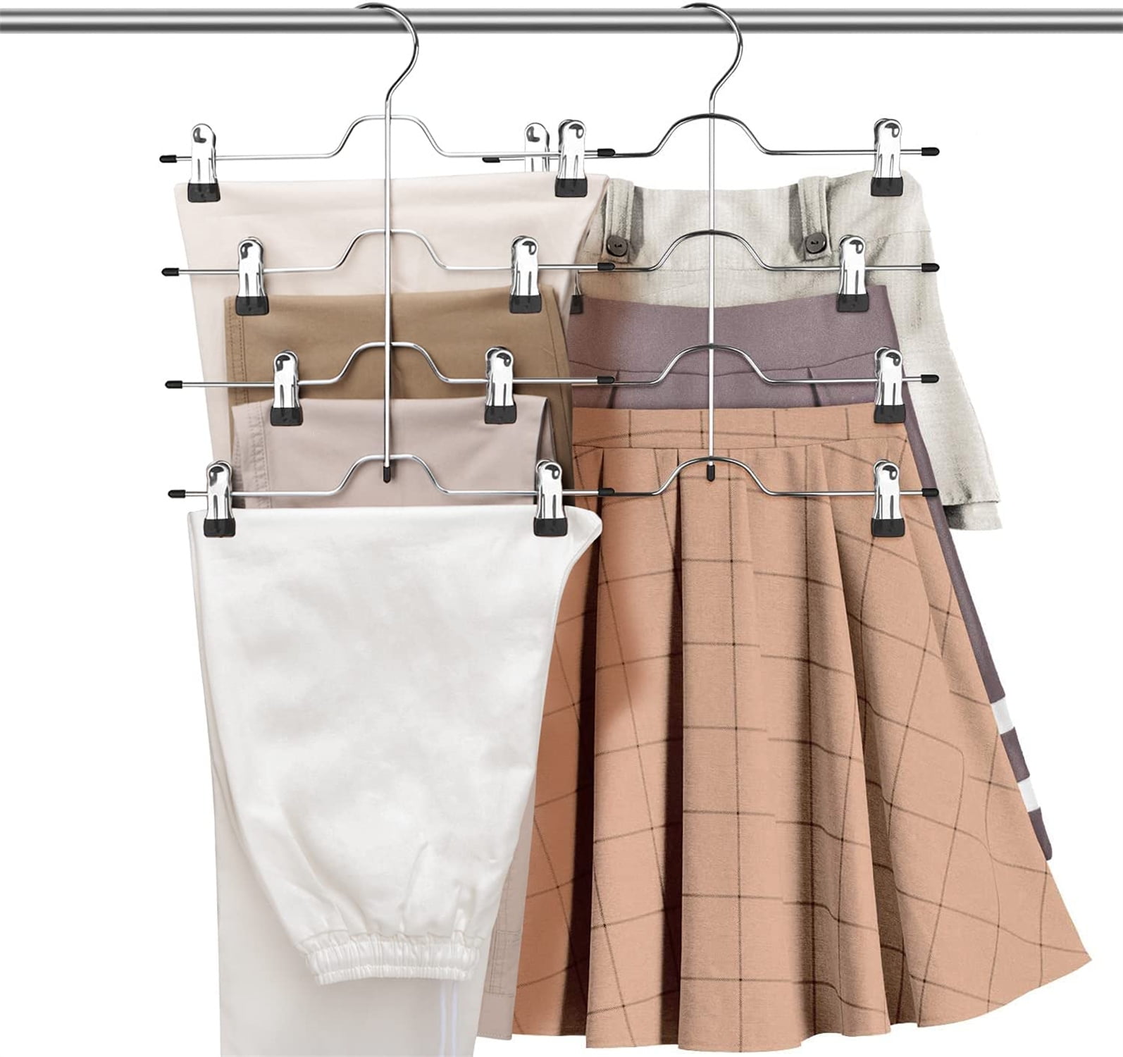 Casewin Space Saving 5 Tier Metal Skirt Hanger with Clips(2pk) Hang 5-on-1, Gain 70% More Space,Rubber Coated Hanger Clips,360 Swivel Hook,Adjustable Clips Pants Hanger,Hang Slack,Trouser,Jeans,Towels