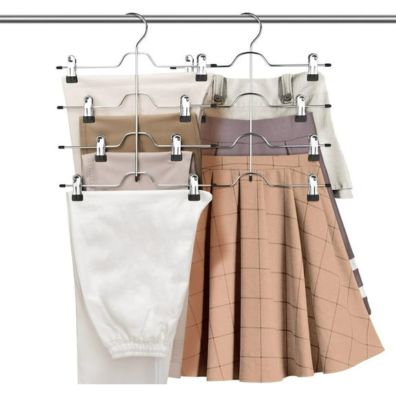 Casewin Space Saving 5 Tier Metal Skirt Hanger with Clips(2pk) Hang 5-on-1, Gain 70% More Space,Rubber Coated Hanger Clips,360 Swivel Hook,Adjustable Clips Pants Hanger,Hang Slack,Trouser,Jeans,Towels
