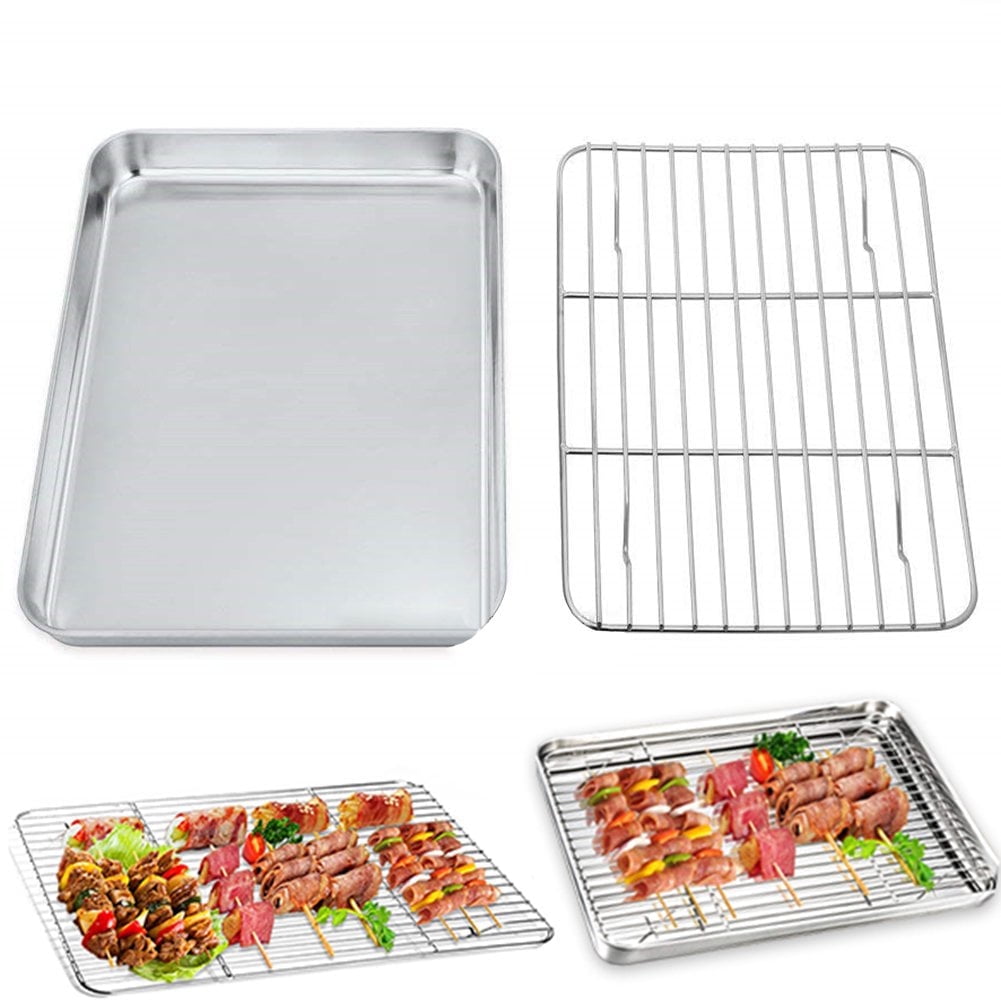Casewin Stainless Steel Baking Sheet with Rack Set Tray Cookie Sheet & Oven Pan 10.23*7.87*0.98 inch, Non Toxic & Healthy, Rust Free & Less Stick, Thick & Sturdy, Easy Clean & Dishwasher Safe