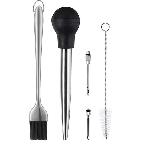 Casewin Stainless Steel Turkey Baster Commercial Grade Quality Rubber Bulb Including 2 Marinade Injector Needles and Brush