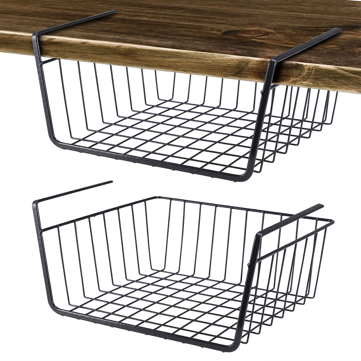 Tebery 2 Pack Black Under Cabinet Storage Shelf Wire Basket Organizer Fit Dual Hooks for Kitchen Pantry Desk Bookshelf