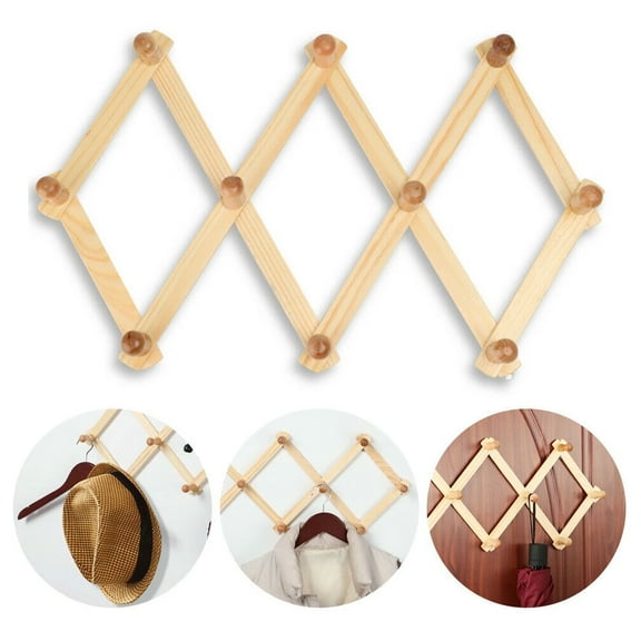Casewin Wood Expandable Peg Rack- Multi-Purpose Wall Hangers with 10 Hooks for Hats, Coat, Mugs, Scarf, Jewelry Storage