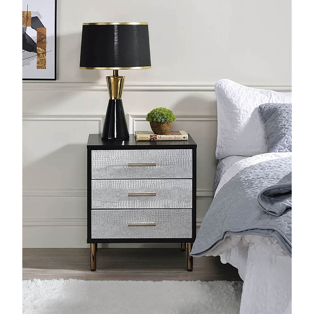 Black and Silver Faux Croc Skin 3-Drawer Nightstand with Gold Accents