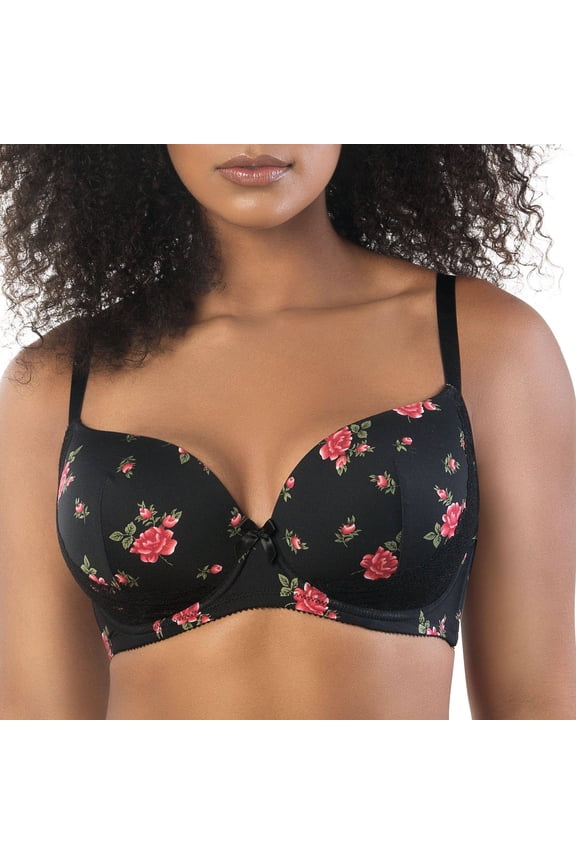 Casey Full Bust Padded Plunge T-Shirt Bra, Black with Rose Print, Black w/ Rose Print, 30J