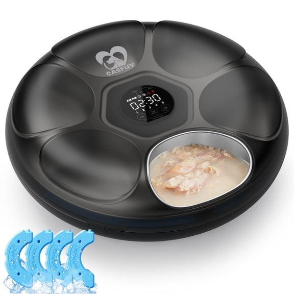 Casfuy Automatic Cat Feeder Cordless - Automatic Cat Food Dispenser with Stainless Steel Tray for Wet Food Rechargeable Auto Feeder for Cats Small Dogs with Programmable Timer Low Battery Indicator
