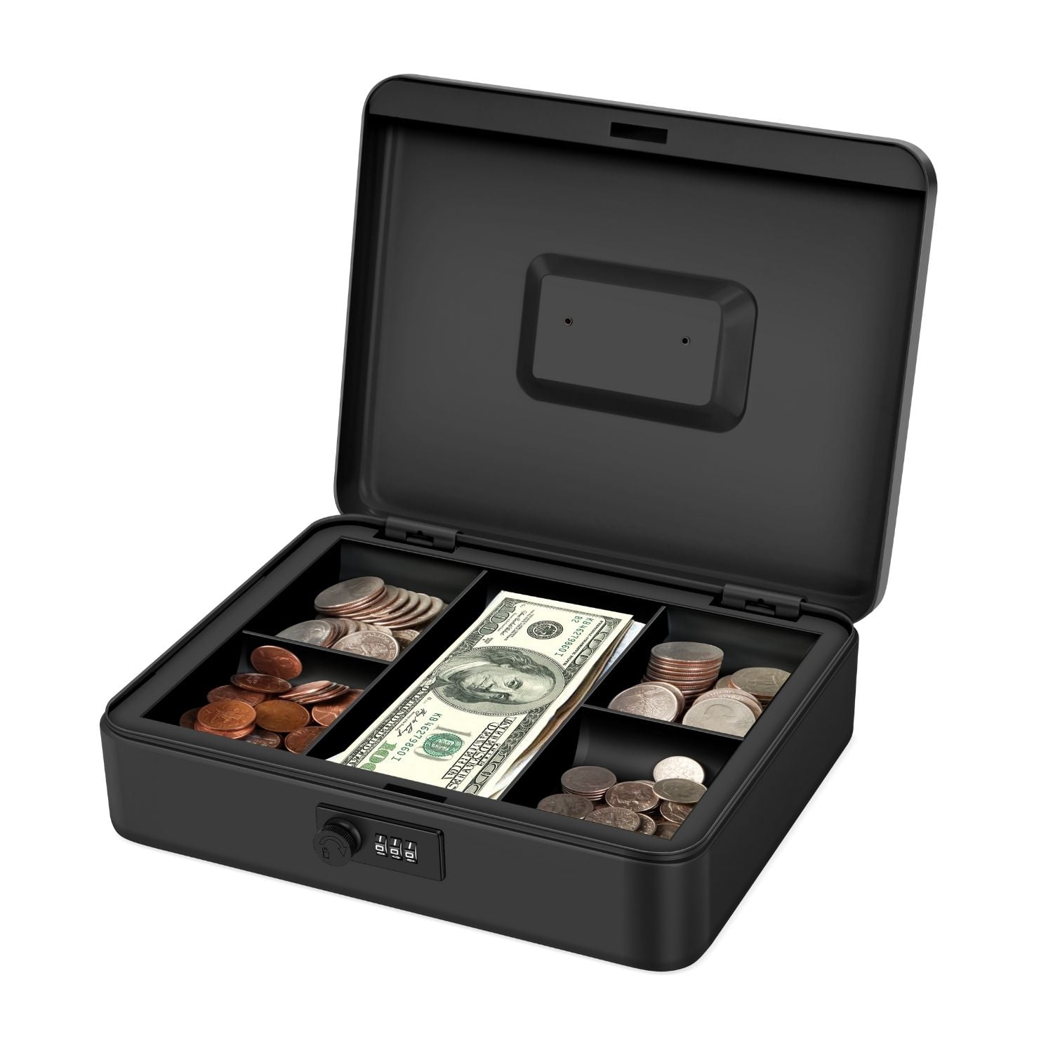 Cash Box with Combination Lock - Metal Cash Box with Money Tray and Lock - 5-Compartment Money Lock Box for Cash, Petty Cash, Checks, Coins, 11.8"x 9.4"x 3.5", Black