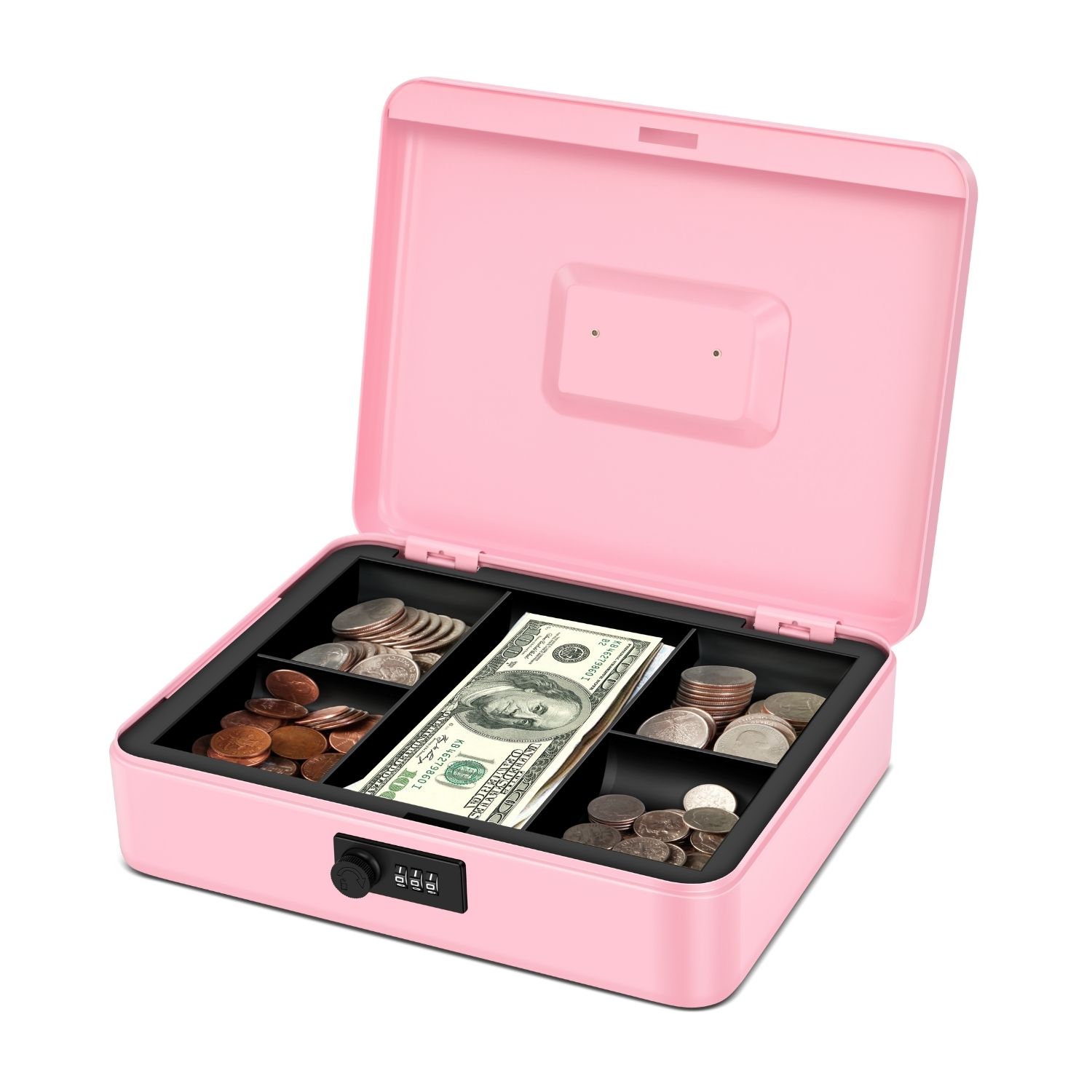 Cash Box with Combination Lock - Metal Cash Box with Money Tray and Lock - 5-Compartment Money Lock Box for Cash, Petty Cash, Checks, Coins, 11.8"x 9.4"x 3.5", Pink