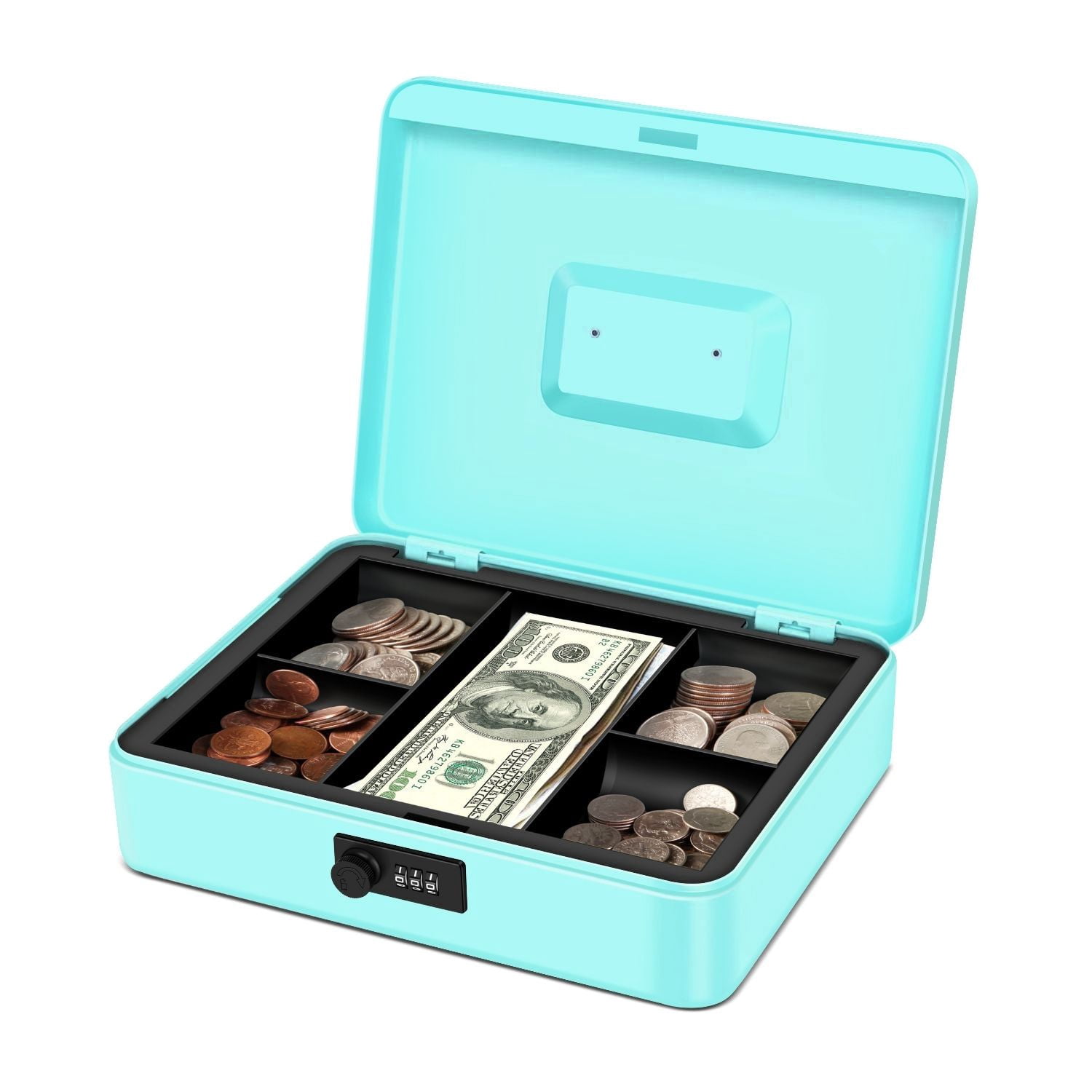 Cash Box with Combination Lock - Metal Cash Box with Money Tray and Lock - 5-Compartment Money Lock Box for Cash, Petty Cash, Checks, Coins, 11.8"x 9.4"x 3.5", Blue