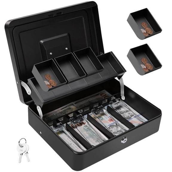 Cash Box & Lock & 2 Keys, Metal Money Box, 4 Bill, 5 Coin Slots, 11.8 X 9.5 X 3.5 Inch - Black
