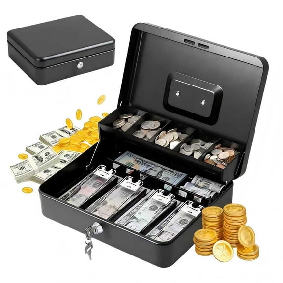 Cash Box with Lock Key and Money Tray - Panbear Safe Box for Cash Saving Key Lock Money Organizer Box, Portable Storage for Checks and Coins11.8L x 9.5W x 3.5H Inches, Black