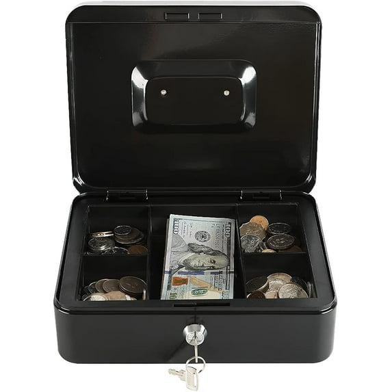 Cash Box-- Locking Steel Medium Cash Box with Removable Coin Tray and Key Lock,Small Cash Storage Box with Lockable Cover(Black)