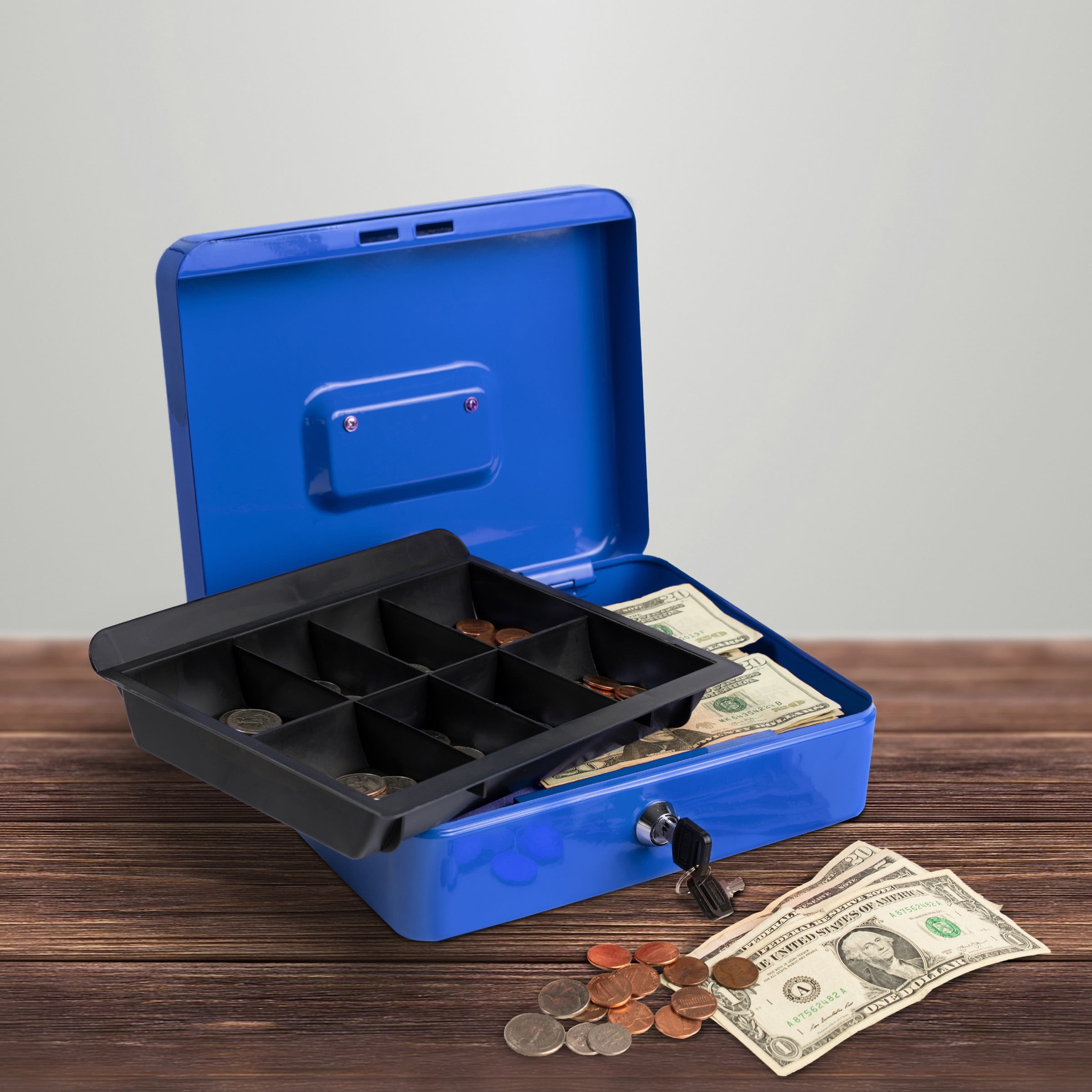 Cash Box Locking Steel Petty Cash Safe with Removable Coin Tray and