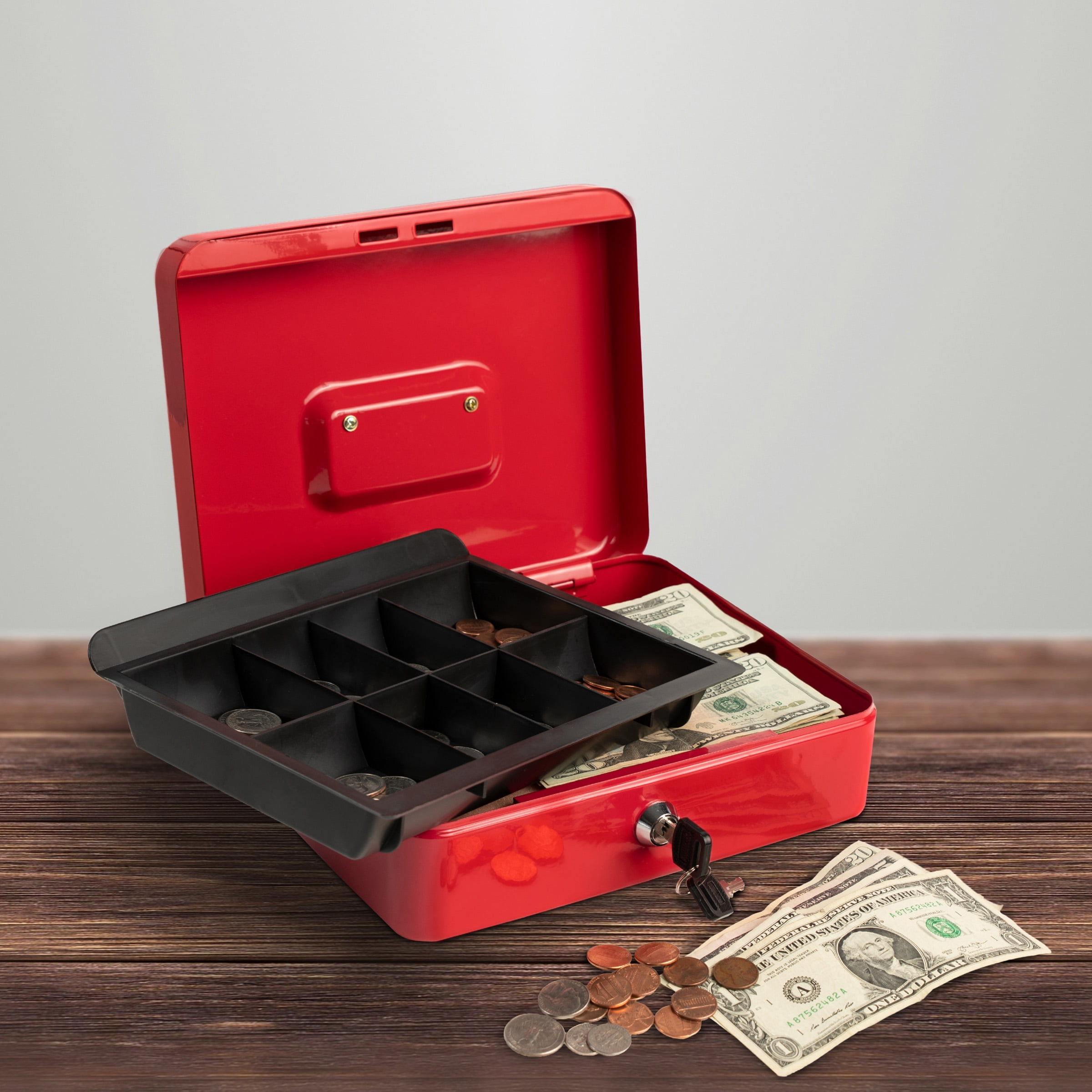 Cash Box Locking Steel Petty Cash Safe with Removable Coin Tray and