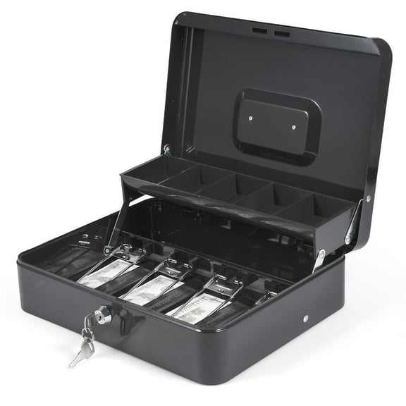 Cash Box Metal Money Box with 5 Coin Trays Cantilever Design & 4 Bill Slot with Spring Clips to Organize and 2 Keys Lock Box Suitable for Valuables 11.8x9.44x3.54in Size