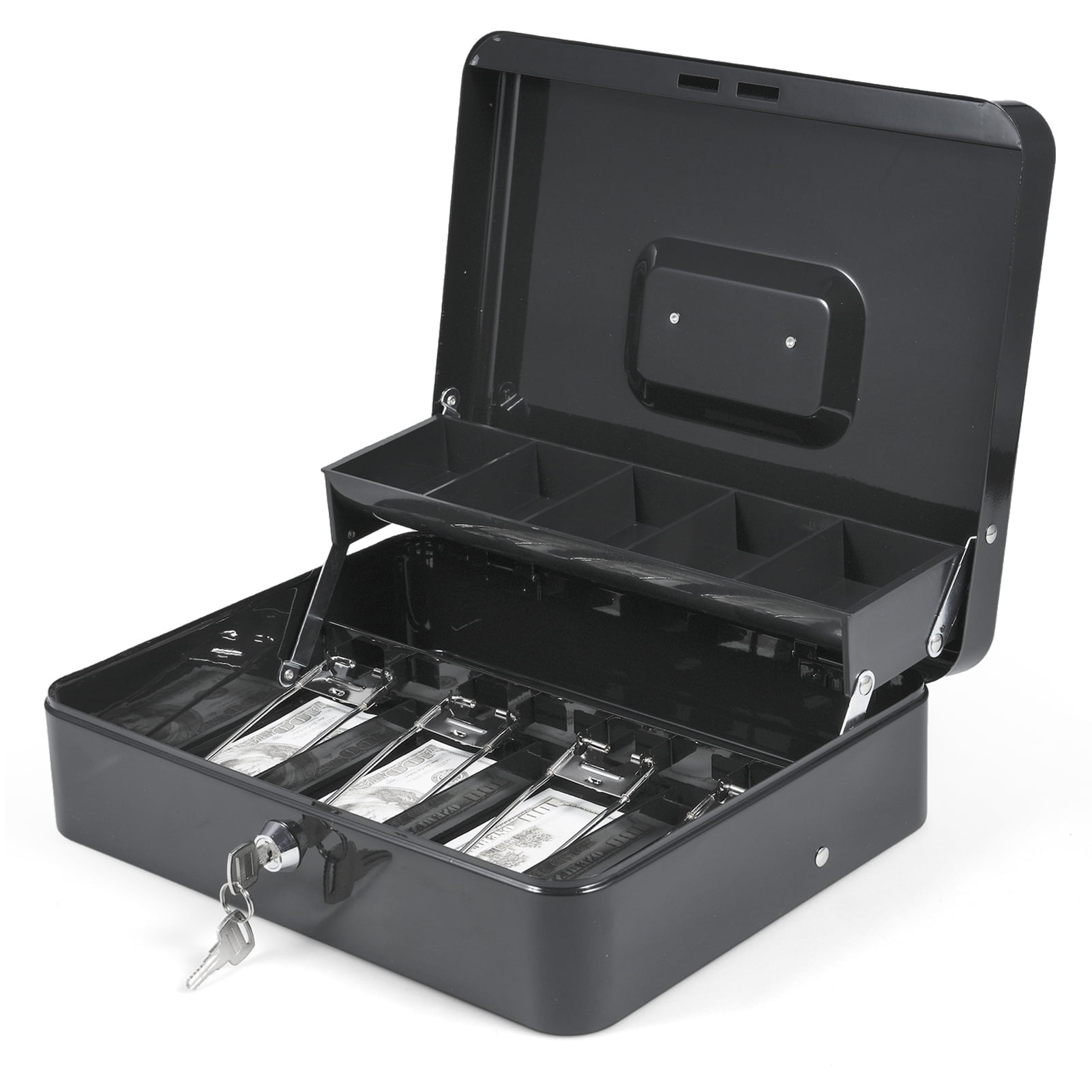 Cash Box Metal Money Box with 5 Coin Trays Cantilever Design & 4 Bill Slot with Spring Clips to Organize and 2 Keys Lock  Box   Suitable for Valuables 11.8x9.44x3.54in Size