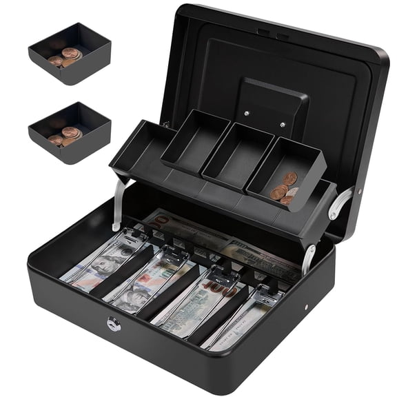 Cash Box Metal With 4 Bill 5 Coin Cash Compartment & Key Lock, 11.8l X 9.5w X 3.5h Inch - Black