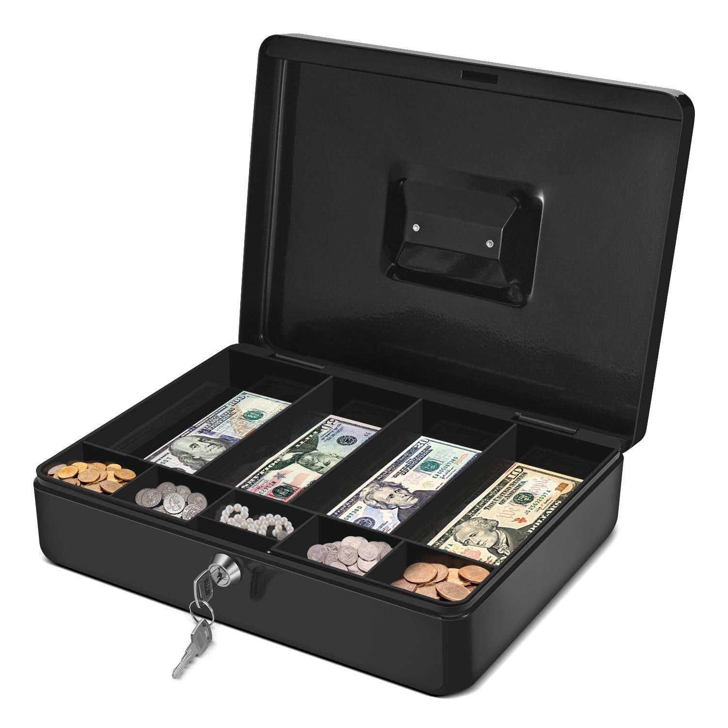 Cash Box with Money Tray, 2 Keys, Security Lock Box with Removable 9 ...