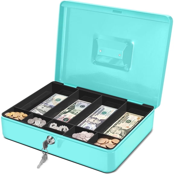 Cash Box with Money Tray and Lock - Metal Cash Box for Small Businesses, 9-Compartment Blue Money Box with Removable Tray and Key, Portable Storage for Checks and Coins