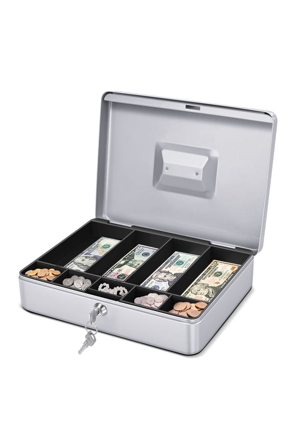 Cash Box with Money Tray and Lock - Metal Cash Box for Small Businesses, 9-Compartment Silver Money Box with Lock and Key for Petty Cash, Checks, Coins, Portable Money Box for Cash Storage