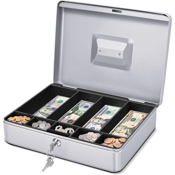 Cash Box with Money Tray and Lock - Metal Cash Box for Small Businesses, 9-Compartment Silver Money Box with Removable Tray and Key, Portable Storage for Checks and Coins