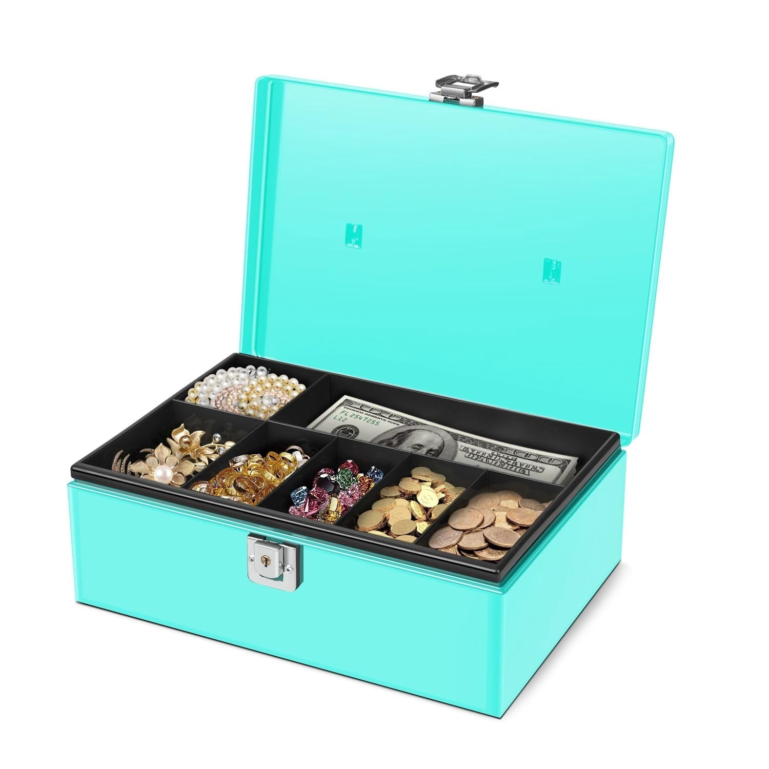 Flexzion Cash Box with Money Tray and Lock - Metal Money Box for Cash Storage with Secure Latch Lock & Key - Blue Petty Cash Box with 7 Compartment Money Tray for Small Businesses, 11x7.7x3.5 Inches