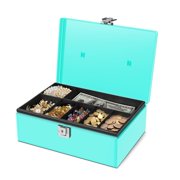 Flexzion Cash Box with Money Tray and Lock - Metal Money Box for Cash Storage with Secure Latch Lock & Key - Blue Petty Cash Box with 7 Compartment Money Tray for Small Businesses, 11x7.7x3.5 Inches