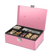 Cash Box with Money Tray and Lock - Metal Money Box for Cash Storage with Secure Latch Lock & Key - Pink Petty Cash Box with 7 Compartment Money Tray for Small Businesses, 11x7.7x3.5 Inches