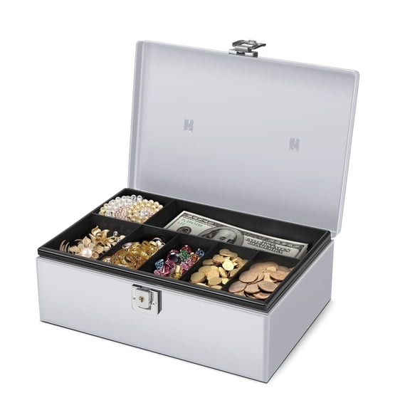 Cash Box with Money Tray and Lock - Metal Money Box for Cash Storage with Secure Latch Lock & Key - Silver Petty Cash Box with 7 Compartment Money Tray for Small Businesses, 11x7.7x3.5 Inches