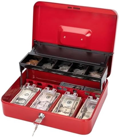 Cash Box with Money Tray and Lock -Red Cash Box with Key Lock Safe Money Box Large, Locking Cash Register Drawer Box for Money, 11.8'' x 9.5'' x 3.5'', SM-CB005RED