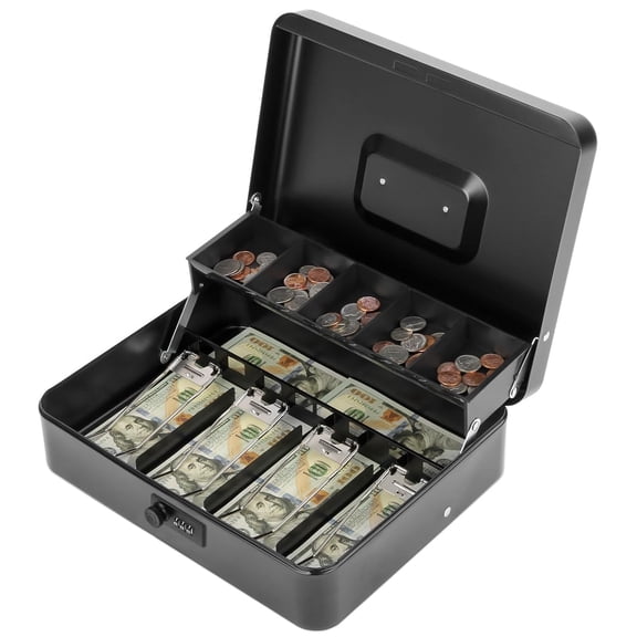 Cash Box With Key Lock, Metal Cash With Money Tray, Cash Register,5 - 11.81"X 9.45"X 3.54"- Black