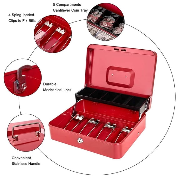 Cash Box With Key Lock, Metal Cash With Money Tray, Cash Register,5 - 11.81"X 9.45"X 3.54"- Red