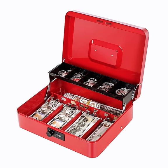 Cash Box With Key Lock, Metal Cash With Money Tray, Cash Register,5 - 11.81"X 9.45"X 3.54"- Red