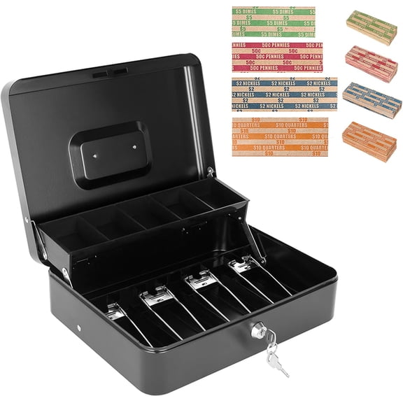 Cash Box with Key Lock and Money Tray - Metal Money Box for Cash Register, Large Cash Lock Box for Money Safe with 100PCS Coin Wrappers Assorted