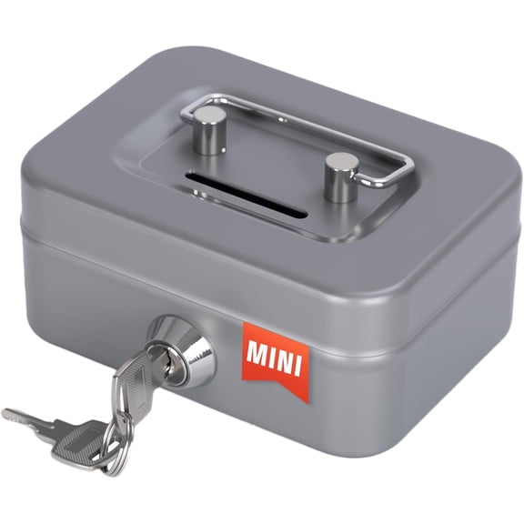 Cash Box with Lock Small Cute Coin Lock Box with Money Slot Mini Portable Gamble Safe Box 4.5"x3.4"x2.4" Grey