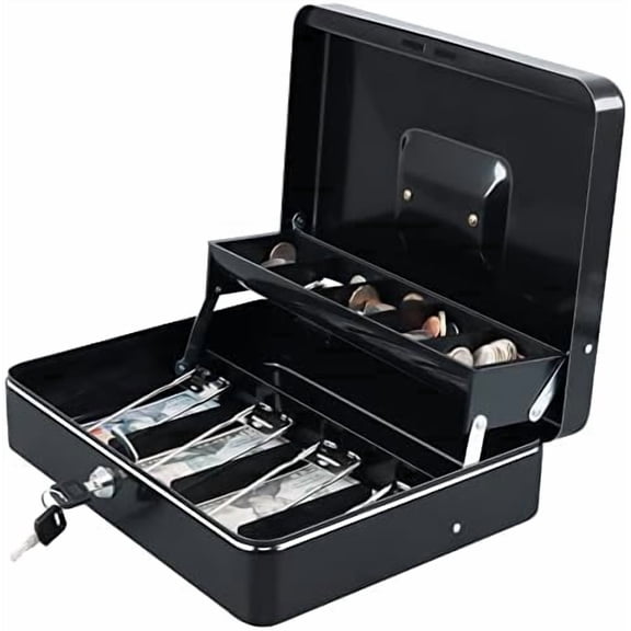 Cash Box with Money Tray and Key Lock,Tiered, Cantilever Design,4 Bill / 5 Coin Slots,11.8" x 9.5" x 3.5",Black