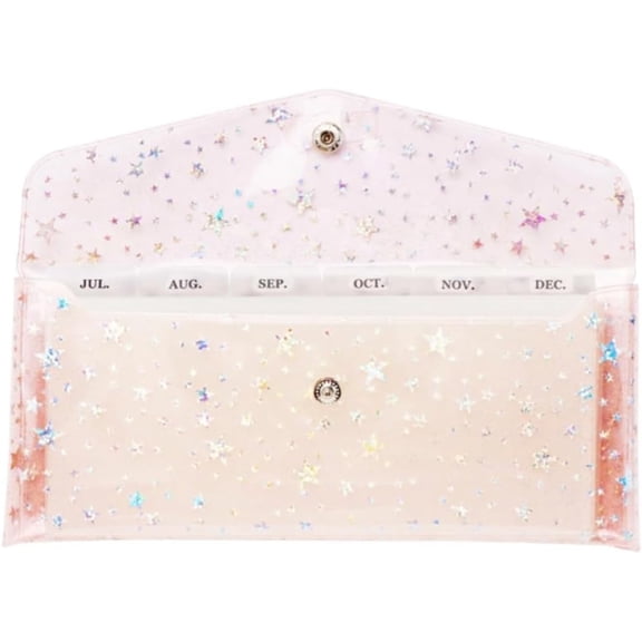 Cash Envelope Wallet with 6pcs Divider with Pockets and 2pcs Tab Stickers Set Reusable Budget Envelopes PVC Money Bag Pouch Organizer for Budgeting Bill Receipt Coupons (Pink Star)