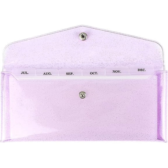 Cash Envelope Wallet with 6pcs Divider with Pockets and 2pcs Tab Stickers Set Reusable Budget Envelopes Purple Glitter PVC Money Bag Pouch Organizer for Budgeting Bill Receipt Coupons