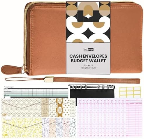 Cash Envelope Wallet Brown All in One Budget System RFID Blocking with 12x Tabbed Cash Envelopes, 12x Monthly Budget Cards,1x Yearly budget planner sheet Complete Money Organizer Set for Cash