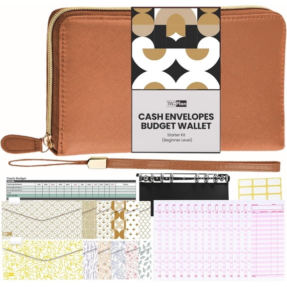 Cash Envelope Wallet Brown All in One Budget System RFID Blocking with 12x Tabbed Envelopes 12x Monthly Budget Cards 1x Yearly Budget Planner Sheet Complete Money Organizer Set