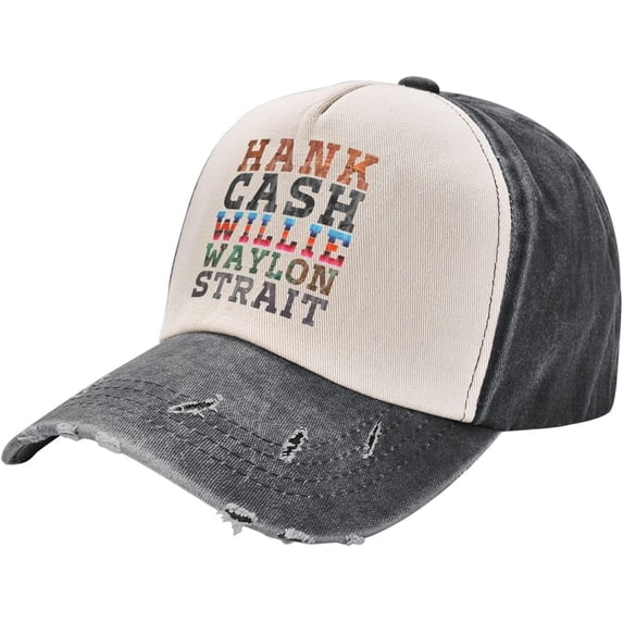 Cash Hank Willie Waylon Vintage Washed Distressed Cotton Dad Hat Baseball Cap Adjustable Denim Dad Hat, Black and White