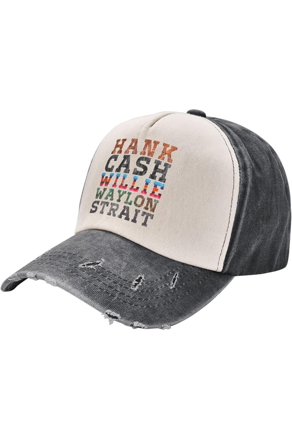 Cash Hank Willie Waylon Vintage Washed Distressed Cotton Dad Hat Baseball Cap Adjustable Denim Dad Hat, Black and White
