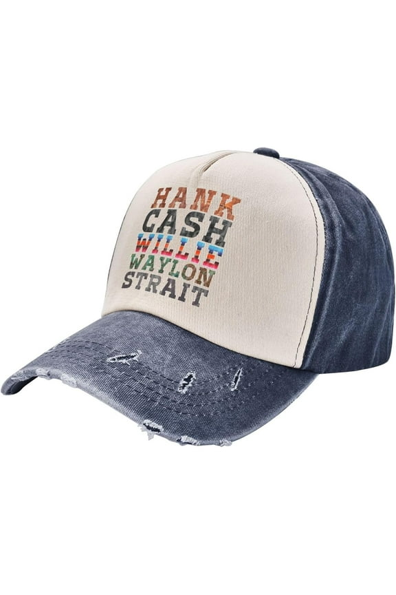 Cash Hank Willie Waylon Vintage Washed Distressed Cotton Dad Hat Baseball Cap Adjustable Denim Dad Hat, Navy Blue