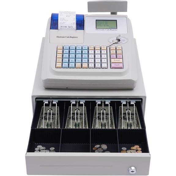 Cash Management System 36 Slots Cash Register with Display Screen Money Counter Machine Memory Billing Money Drawer for Catering Supermarkets Stores (White)