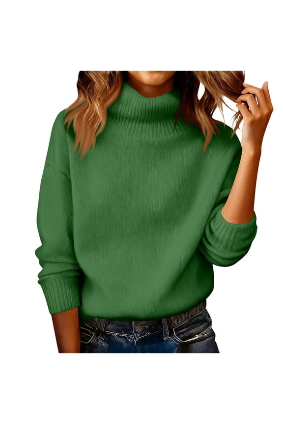 Sweaters for Women Turtleneck Mock 2025 Knitted Warm Pullover Light Long Sleeve Elegant Soft Sweater Green 2XL