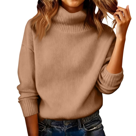 Sweaters for Women Turtleneck Mock 2025 Knitted Warm Pullover Light Long Sleeve Elegant Soft Sweater Khaki M