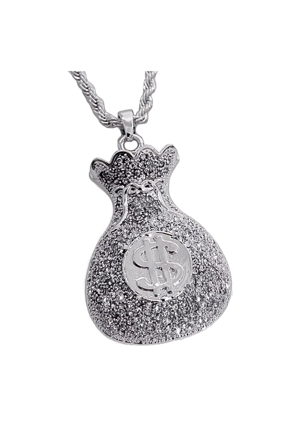 Cash Money Bag Chain Iced Hip Hop Pendant Silver Tone Flooded Out Rope Necklace 24" Inch
