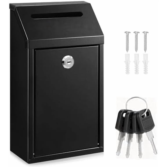 Cash Money Box with Slot – 10.2In Metal Donation Box with Lock for Cash Deposit,Wall Mounted Money Drop with Lock and Slot for Home/Farm/Office/Outdoors (Black-Without Words)