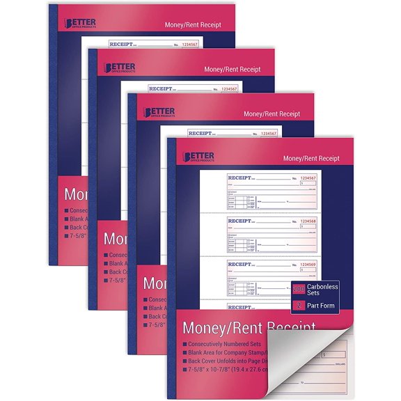 Cash Money and Rent Receipt Books, 4 Pack, Large Size, 2-Part Carbonless (White/Canary Yellow), 7-5/8 x 10-7/8 inches, 4 Sets per Page, 200 Sets per Book (800 Total Sets)